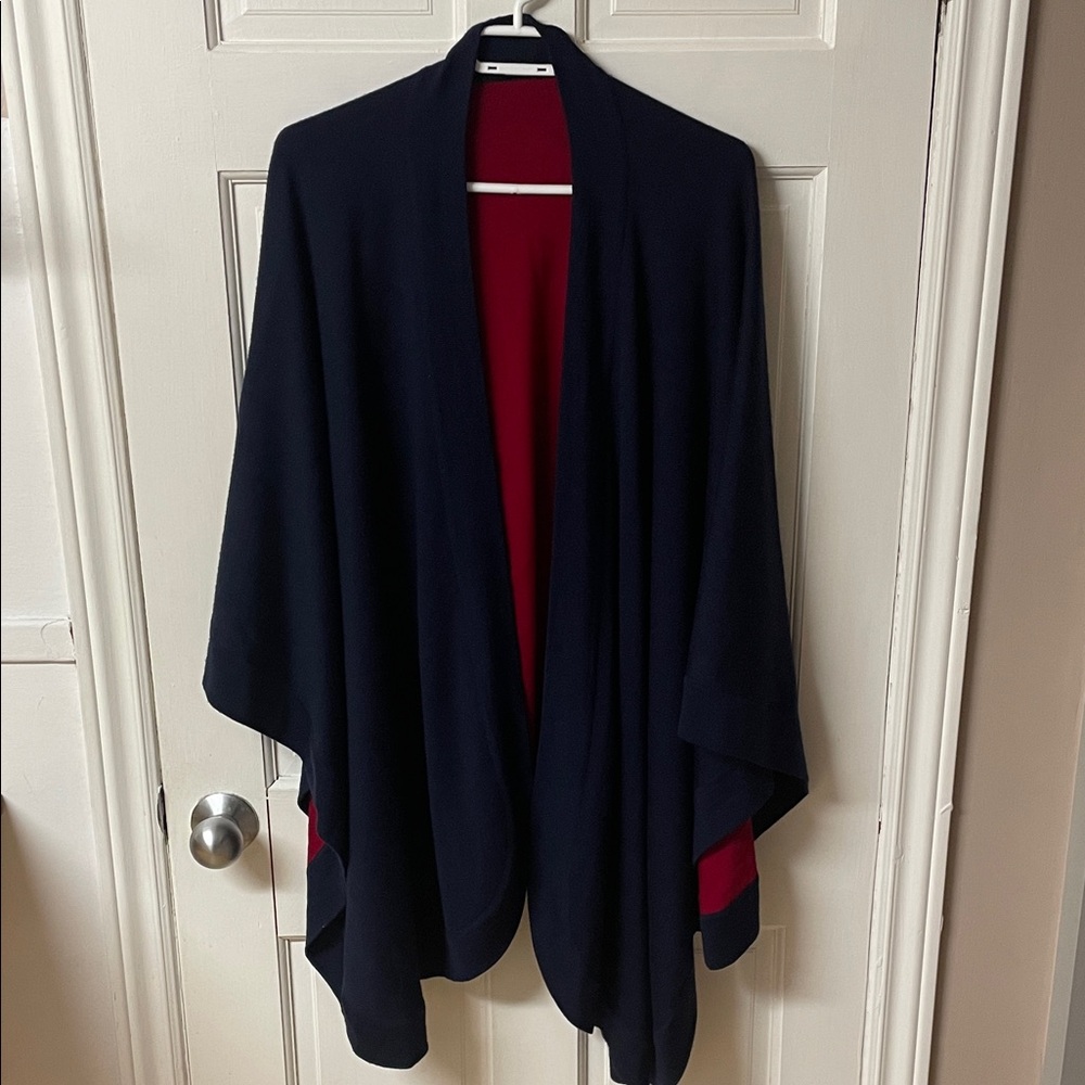 Lord&Taylor merino wool reversible blue and red cape shawl made in Italy